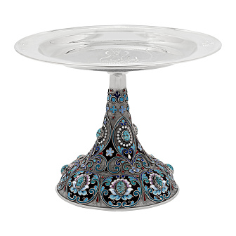 Дискос с поддискосником / ф240мм-потир 0, 5л колос №1 / филигрань, эмаль, роспись, ручная гравировка / серебрение с чернением