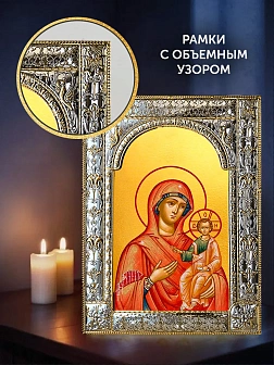 Икона Смоленская Божия Матерь в ризе и деревянном киоте, 33х27 см Икона Смоленская Божия Матерь в ризе и деревянном киоте, 33х27 см