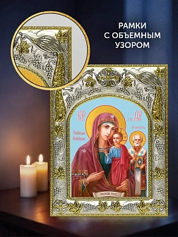 Икона Ржевская Оковецкая Божия Матерь в ризе и деревянном киоте, 26х22 см