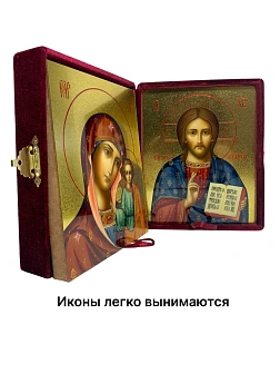 Венчальные иконы Спаситель и Казанская с золочением УЛ 13х16 в бархатном складне