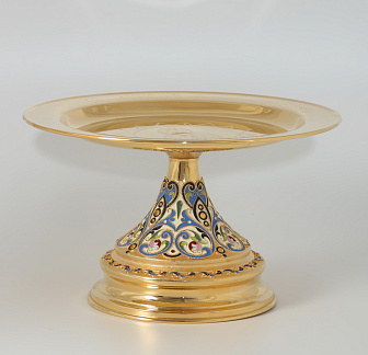 Дискос с поддискосником / ф240мм-конус потира 0, 5л / филигрань, эмаль, роспись, ручная гравировка / золочение