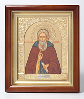 Икона в киоте 15х19 сложный, темпера, венчик, рамка фигурная, золочёная Сергий Радонежский (золотой фон) Икона в киоте 15х19 сложный, темпера, венчик, рамка фигурная, золочёная Сергий Радонежский (золотой фон)
