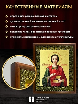 Икона Пантелеимон Целитель великомученик с золочением, деревянная рамка с басмой и стеклом 18х21х2,5