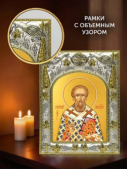 Икона Георгий Константинопольский в ризе и киоте под дерево, 27х23 см