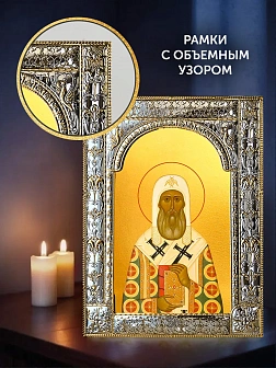 Икона Петр Митрополит Московский в ризе и деревянном киоте, 33х27 см