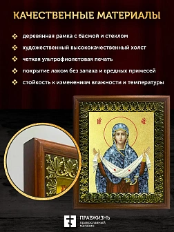 Икона Покров Пресвятой Богородицы с золочением, деревянная рамка с басмой и стеклом 18х21х2,5 см 119