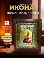 Икона Давид Псалмопевец в ризе и киоте под дерево, 27х23 см Икона Давид Псалмопевец в ризе и киоте под дерево, 27х23 см