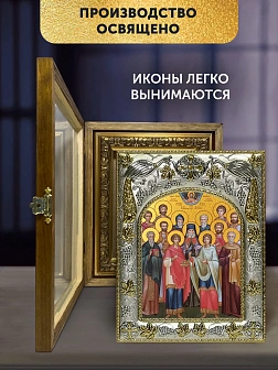 Икона Собор Святых Целителей в ризе и деревянном киоте, 26х22 см