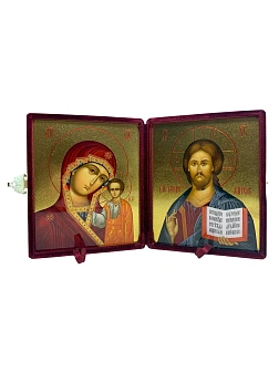 Венчальные иконы Спаситель и Казанская с золочением УЛ 9х10,5 в бархатном складне