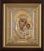 Икона живописная в киоте 18х24 темпера, риза №241 част / золочёная, багетный подрамник Казанская БМ