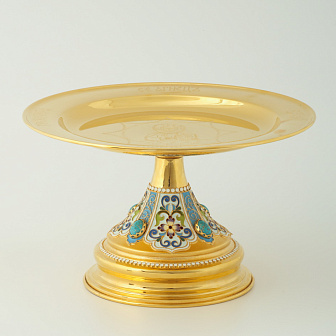 Дискос с поддискосником / ф240мм-конус потира 0, 5л / филигрань, эмаль, ручная гравировка / золочение