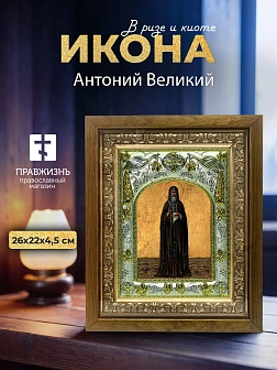 Икона Антоний Великий в ризе и деревянном киоте, 26х22 см