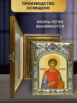 Икона Пантелеймон Целитель в ризе и деревянном киоте, 26х22 см