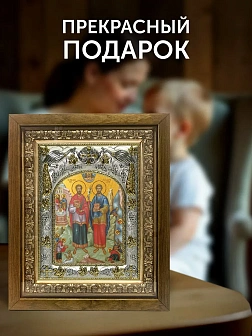 Икона Косма и Дамиан Бессребреники в ризе и деревянном киоте, 26х22 см