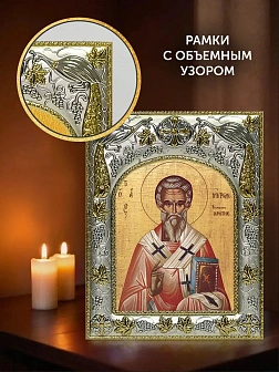 Икона Мирон Критский в ризе и киоте под дерево, 27х23 см