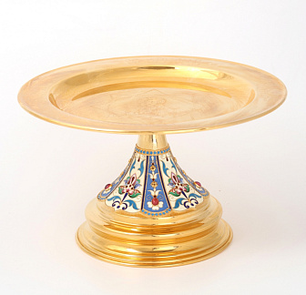 Дискос с поддискосником / ф240мм-конус потира 0, 5л / филигрань, эмаль, роспись, ручная гравировка / золочение
