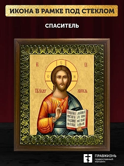 Икона Спаситель Господь Иисус Христос, деревянная рамка с басмой и стеклом 18х21х2,5 см 214