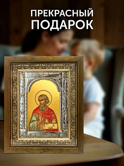 Икона Владислав Сербский в ризе и деревянном киоте, 33х27 см