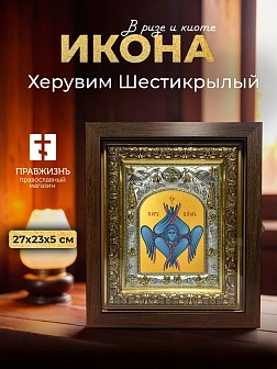 Икона Херувим Шестикрылый в ризе и киоте под дерево, 27х23 см