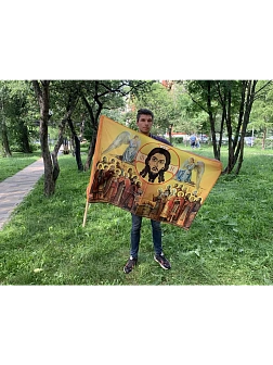 Флаг 031 Нерукотворный Спас с предстоящими, 90х135 см, материал сетка для улицы 90х135 см Флаг 031 Нерукотворный Спас с предстоящими, 90х135 см, материал сетка для улицы 90х135 см