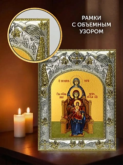 Икона Божия Матерь со сродницами в ризе и киоте под дерево, 27х23 см