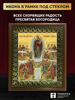 Икона Божией Матери Всех Скорбящих Радость, деревянная рамка с басмой и стеклом 18х21х2,5 см 153