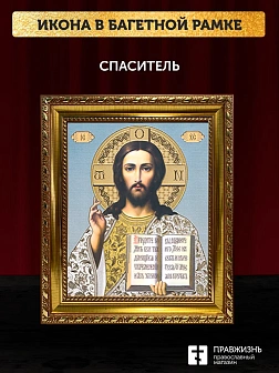 Икона Спаситель, золотая багетная рамка узкая с узором 15х18х2 см