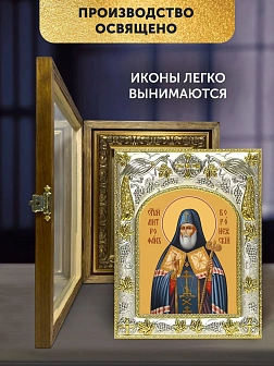 Икона Митрофан Воронежский в ризе и деревянном киоте, 26х22 см Икона Митрофан Воронежский в ризе и деревянном киоте, 26х22 см