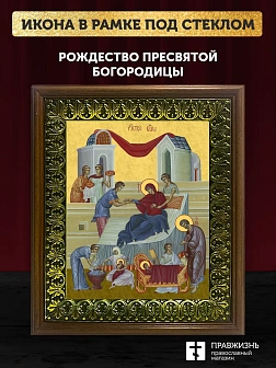 Икона Рождество Пресвятой Богородицы, деревянная рамка с басмой и стеклом 18х21х2,5 см 1128