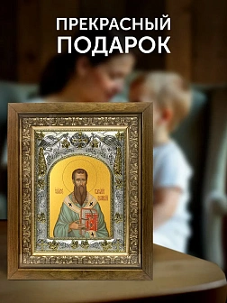 Икона Василий Великий в ризе и деревянном киоте, 26х22 см