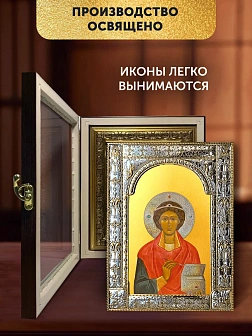 Икона Пантелеймон Целитель в ризе и киоте под дерево, 33х27 см Икона Пантелеймон Целитель в ризе и киоте под дерево, 33х27 см