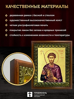 Икона Феодор Тирон мученик с золочением, деревянная рамка с басмой и стеклом 18х21х2,5 см 1239