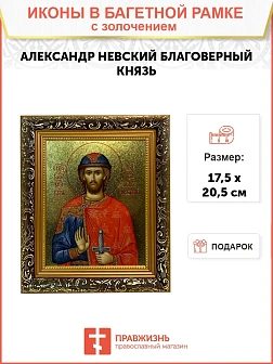 Икона Александр Невский благоверный князь с золочением, узкая рамка 17,5х20,5х2 см