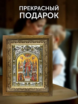 Икона Всех Скорбящих Радость Божия Матерь в ризе и деревянном киоте, 26х22 см