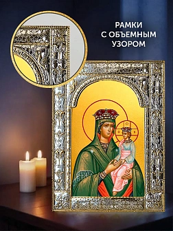 Икона Споручница грешных Божия Матерь в ризе и деревянном киоте, 33х27 см