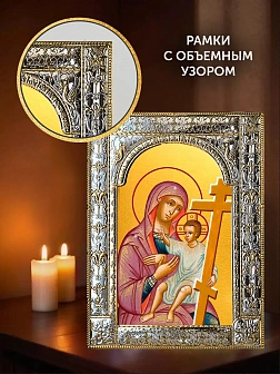 Икона Новоникитская Божия Матерь в ризе и киоте под дерево, 33х27 см