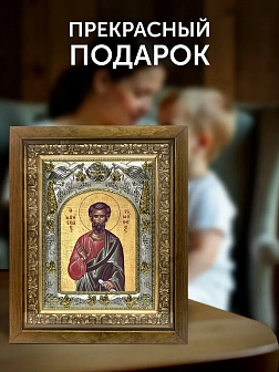 Икона Тимофей Апостол в ризе и деревянном киоте, 26х22 см Икона Тимофей Апостол в ризе и деревянном киоте, 26х22 см