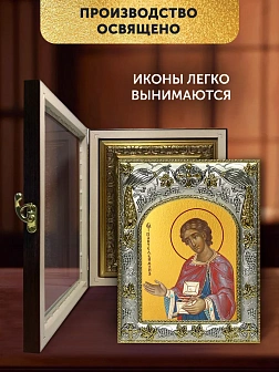 Икона Пантелеймон Целитель в ризе и киоте под дерево, 27х23 см