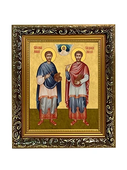 Икона Косьма и Дамиан бессребренники и чудотворцы, узкая рамка 17,5х20,5х2 см 1221