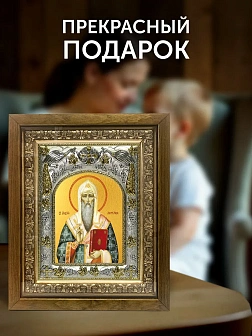 Икона Алексий Митрополит Московский в ризе и деревянном киоте, 26х22 см