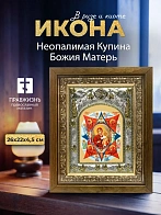 Икона Неопалимая Купина Божия Матерь в ризе и деревянном киоте, 26х22 см