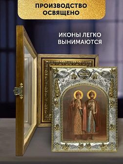 Икона Борис и Глеб Страстотерпцы в ризе и деревянном киоте, 26х22 см