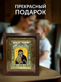 Икона Донская Божия Матерь в ризе и киоте под дерево, 27х23 см