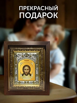 Икона Спас Нерукотворный в ризе и киоте под дерево, 27х23 см
