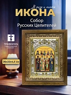 Икона Собор Русских Целителей в ризе и деревянном киоте, 26х22 см