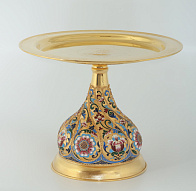 Дискос с поддискосником / ф280мм-1, 0л"№7" / филигрань, эмаль, роспись, чеканка, ручная гравировка / золочение