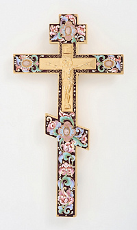 Крест напрестольный №2 филигрань, эмаль, роспись, литьевое распятие / золочение