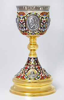 Потир 1.0л 8-литьевых ликов, филигрань, эмаль, роспись, золочение, мельхиоровый стакан