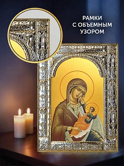 Икона Утоли моя печали Божия Матерь в ризе и деревянном киоте, 33х27 см Икона Утоли моя печали Божия Матерь в ризе и деревянном киоте, 33х27 см