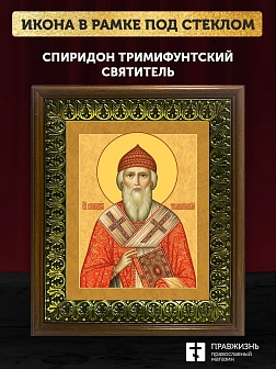 Икона Спиридон Тримифунтский святитель, деревянная рамка с басмой и стеклом 18х21х2,5 см 135